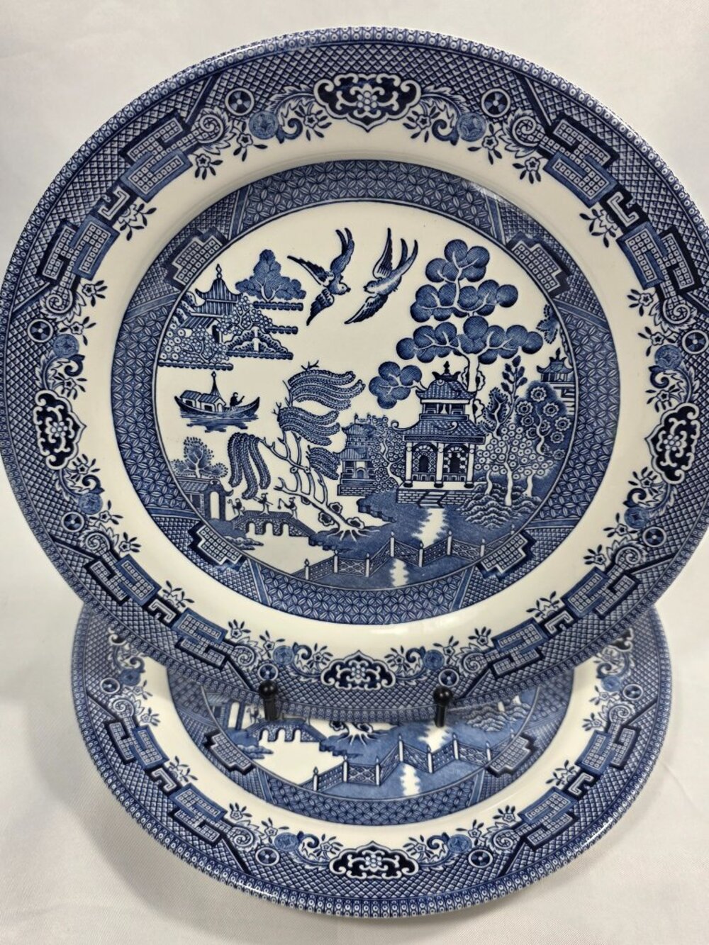 TWO Churchill Willow Blue Dinner Plates (Blue Willow) Georgian Shape England
